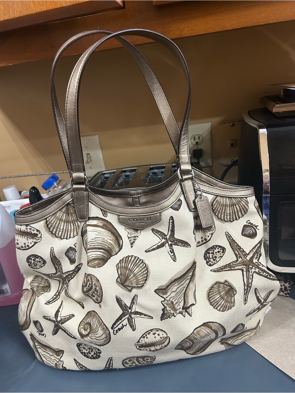 COACH Beige Canvas Tote with Brown Leather Trim and Shell Print